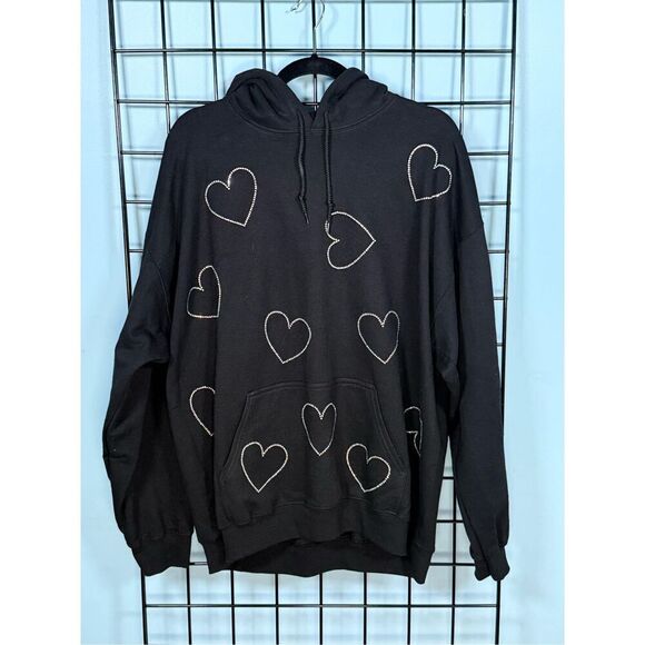 All Over Rhinestone Hearts Hoodie Sweatshirt Womens XL Black Valentines Day - Picture 1 of 8